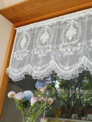 Devola Scheibengardine Barock Bistrogardine Französisch Küchengardinen mit Blumen Stickerei Gardine Spitze Weiß Transparente Deko Vorhänge Kurz HxB 65x112cm 1 Stück von Devola