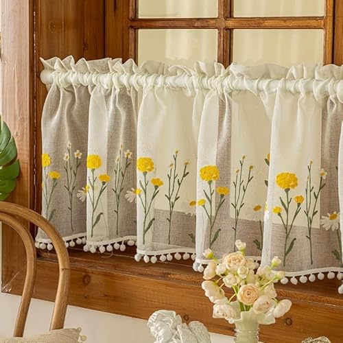 Devola Scheibengardine Blumen Bestickt – Kurzgardine mit Pompons Bistrogardine Halbtransparent, Landhausstil Fensterdeko Gardine für Küche, Bad, Wohnzimmer HxB 45x100cm Cremefarbe 1 Stück Devola Scheibengardine Blumen Bestickt – Kurzgardine mit Pompons Bistrogardine Halbtransparent, Landhausstil Fensterdeko Gardine für Küche, Bad, Wohnzimmer HxB 45x100cm Cremefarbe 1 Stück von Devola