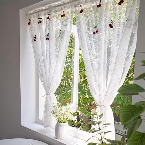 Devola Scheibengardine Spitze Landhaus Küchenvorhang Blumen Bistrogardine Transparent Weiß Jacquard Gardinen Fenstervorhang Kurz Landhausstil HxB 100x150cm Weiß 1 Stück von Devola