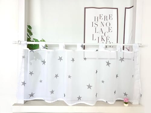 Devola Scheibengardine Voile Transparente Kurzgardine Kurzstore mit Schlaufen Bistrogardine mit Sternen Bedruckt, Kleinfenster Gardine für Kinderzimmer HxB 60x90cm Grau 1 Stück von Devola
