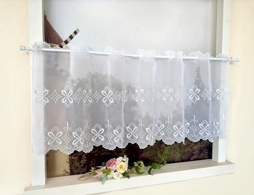 Devola Scheibengardine mit Blumenstickerei Voile Bistrogardine Transparent kurzer fenstervorhang Küchengardine mit Lochleiste HxB 30x90cm Weiß 1 Stück von Devola