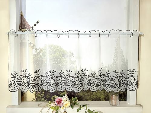 Devola Scheibengardine mit Lochleiste Voile Gardinen Kurz Küchengardinen Transparent Fenstergardinen mit Stickerei HxB 30x120cm Dunkelgrau 1 Stück von Devola