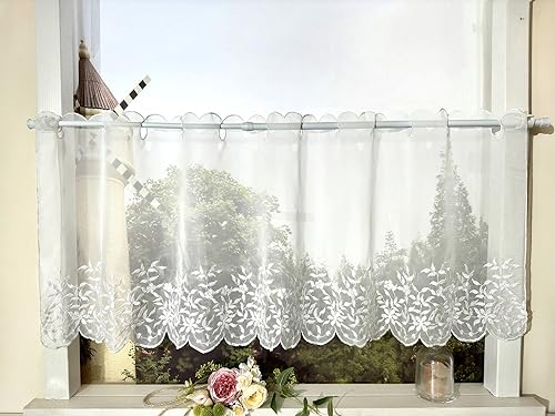 Devola Scheibengardine mit Lochleiste Voile Gardinen Kurz Küchengardinen Transparent Fenstergardinen mit Stickerei HxB 30x120cm Weiß 1 Stück von Devola