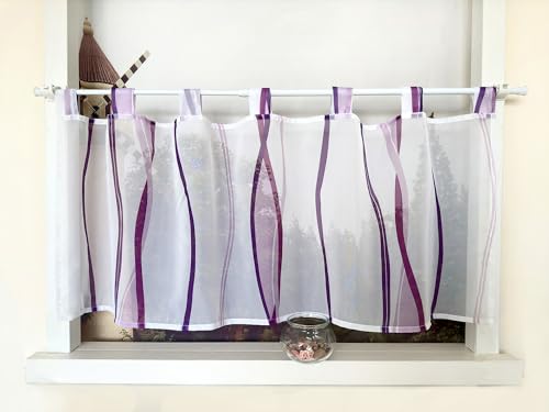 Devola Scheibengardine mit Wellenmuster Gardine Druck Kurzstore mit Schlaufen Küchengardine Kurz Modern Voile Bistrogardine Transparent HxB 30x120cm Violett 1 Stück von Devola