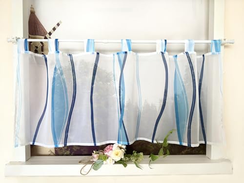 Devola Scheibengardine mit Wellenmuster Gardine Druck Kurzstore mit Schlaufen Küchengardine Kurz Modern Voile Bistrogardine Transparent HxB 60x120cm Blau 1 Stück von Devola