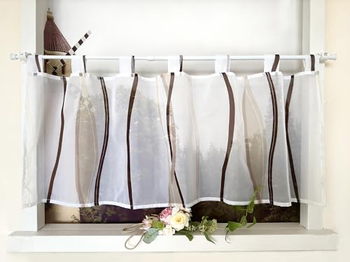 Devola Scheibengardine mit Wellenmuster Gardine Druck Kurzstore mit Schlaufen Küchengardine Kurz Modern Voile Bistrogardine Transparent HxB 60x140cm Kaffee 1 Stück von Devola