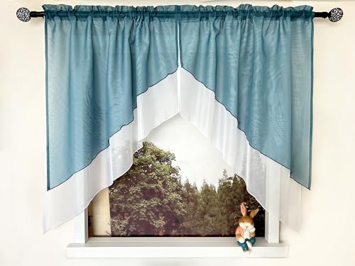 Devola Scheibengardinen 2er Set Doppelschichtige Gardinen Kleinfenster Gardinen Modern Fenstergardinen Kurz Landhaus Küchengardinen Voile HxB 100x90cm*2, Türkis von Devola