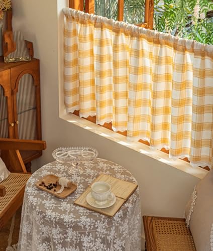 Devola Scheibengardinen Kariert Landhausstil Bistrogardine Karo Küchengardinen mit Spitze Kurzstore mit Stangendurchzug Kurzgardine Blickdicht Gardine Privatsphäre HxB 90x90cm Gelb 1 Stück von Devola