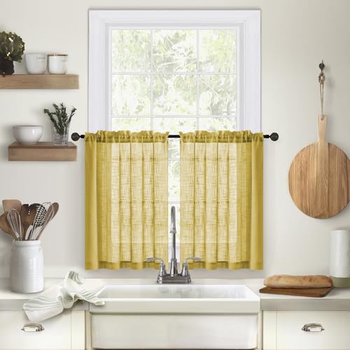 Devola Scheibengardinen Leinenoptik Kurz Küchengardinen Modern 2er Set Kleines Fenstergardinen Bistrogardine Halbtransparent Gardinen Schals Kurz HxB 63x63.5cm Gelb 2 Stück von Devola