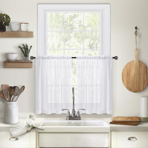 Devola Scheibengardinen Leinenoptik Kurz Küchengardinen Modern 2er Set Kleines Fenstergardinen Bistrogardine Halbtransparent Gardinen Schals Kurz HxB 78x63.5cm Weiß 2 Stück von Devola