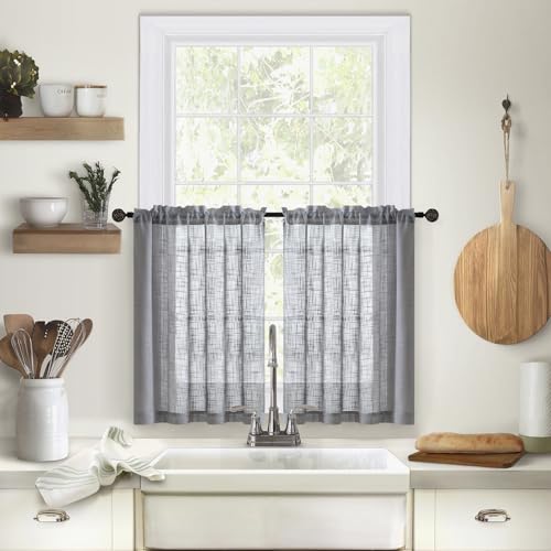 Devola Scheibengardinen Leinenoptik Kurz Küchengardinen Modern 2er Set Kleines Fenstergardinen Bistrogardine Halbtransparent Gardinen Schals Kurz HxB 93.5x63.5cm Grau 2 Stück von Devola