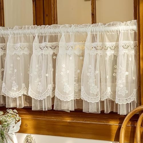 Devola Scheibengardinen Romantisch Spitzengardinen Kurz Bistrogardine mit Blumen-Stickerei Klein Fenstervorhang Küchengardinen Landhaus HxB 40x150cm 1 Stück von Devola