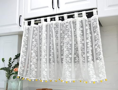 Devola Scheibengardinen Spitze Kurz Gardinen mit Blumenmuster weiß küchengardine Transparent Bistrogardine Landhausstil weiß Spitze kurzstores Gardinen modern BxH 100x40cm Schlaufen 1 Stück von Devola