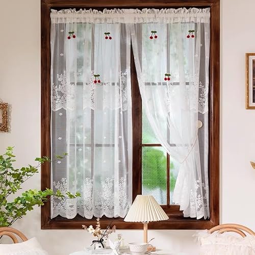 Devola Scheibengardinen Spitze Kurzgardine Landhaus Transparent Bistrogardine Blumenmuster Küchengardine Vintage Gardinen Französischer Landhausstil HxB 100x120cm Weiß 1 Stück von Devola