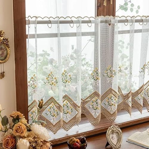 Devola Scheibengardinen Tüll Romantische Kurzgardine mit Blumenstickerei Kurzstore mit Lochleiste Küchengardine Transparent Fenstervorhang Kurz HxB 45x120cm Beige 1 Stück von Devola