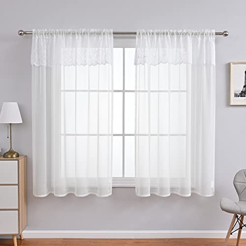 Devola Scheibengardinen lang Bistrogardine modern Sheer Vorhang mit Spitze Unifarbig Küchengardinen mit stangendurchzug Gardinen Schals BxH 100x130cm Weiß 1 Stück von Devola