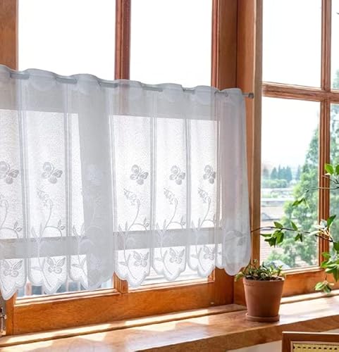 Devola Scheibengardinen transparent Jacquard gardine mit Blumen panneaux gardinen Landhaus bistrogardine weiß mit ösen Kurze küchengardinen mit gebogter Kante BxH 120x90cm 1 Stück von Devola