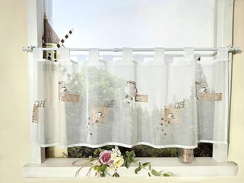 Devola Transparent Scheibengardinen mit Kaffeemotiv Cáfe Gardinen Küchen Bistrogardinen Modern Kurzstores Gardinen mit Schlaufen HxB 45x120cm Weiß 1 Stück von Devola