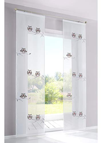 Devola Voile Gardine Schiebevorhang mit Eule Muster Bestickte schiebegardinen Transparente Flächenvorhänge HxB 145x57cm mit Klettband Weiß 1er Pack von Devola