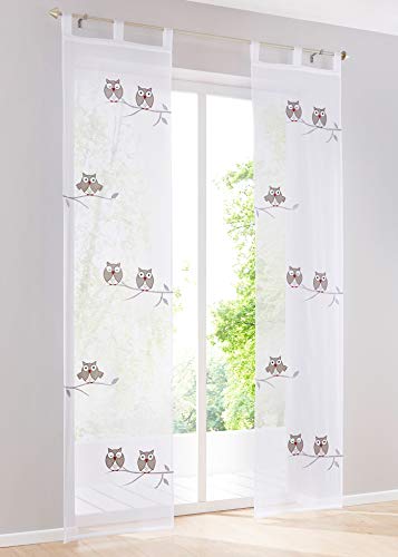 Devola Voile Gardine Schiebevorhang mit Eule Muster Bestickte schiebegardinen Transparente Flächenvorhänge HxB 145x57cm mit Schlaufen Weiß 1er Pack von Devola