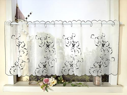 Devola Voile Scheibengardinen Küchengardine Transparent Bistrogardine Blumenmuster Gardinen mit Lochstickerei Kurzstore Wohnzimmer HxB 30x120cm Dunkelgrau 1 Stück von Devola