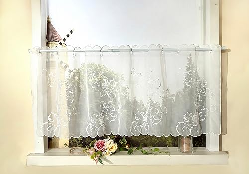 Devola Voile Scheibengardinen Küchengardine Transparent Bistrogardine Blumenmuster Gardinen mit Lochstickerei Kurzstore Wohnzimmer HxB 30x90cm Weiß 1 Stück von Devola