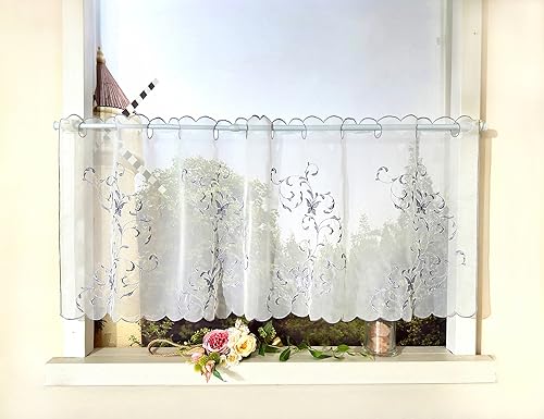 Devola Voile Scheibengardinen Küchengardine Transparent Bistrogardine Blumenmuster Gardinen mit Lochstickerei Kurzstore Wohnzimmer HxB 45x120cm Grau 1 Stück von Devola