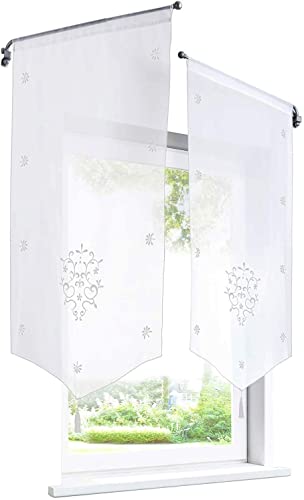 Devola Voile Scheibengardinen mit Blumenmuster Stickerei transparente Bistrogardine mit Quaste Fenster Gardinen Panneaux mit Tunnelzug Gardine HxB 160x60cm Weiß 1er Pack von Devola