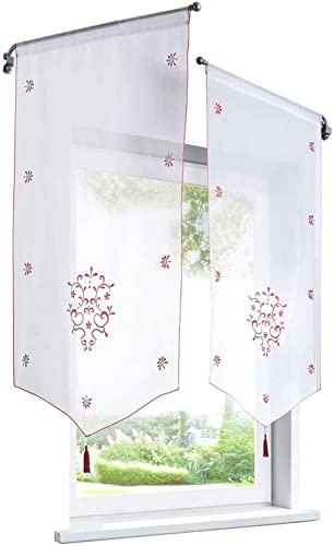 Devola Voile Scheibengardinen mit Blumenmuster Stickerei transparente Bistrogardine mit Quaste Fenster Gardinen Panneaux mit Tunnelzug Gardine HxB 90x40cm Weinrot 1er Pack von Devola