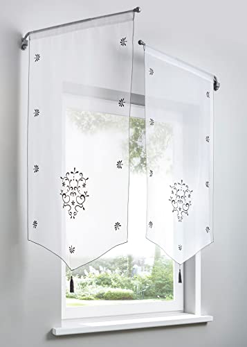 Devola Voile Scheibengardinen mit Blumenmuster Stickerei transparente Bistrogardine mit Quaste Fenster Gardinen Panneaux mit Tunnelzug Gardine HxB 90x60cm Grau 1er Pack von Devola