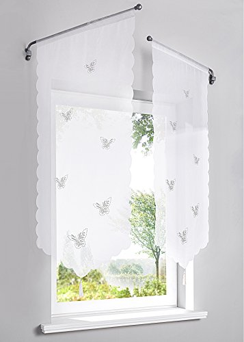 Devola Voile transparent Scheibengardinen mit Lasercut Schmetterlinge Muster mit Quaste Fenster Gardinen Panneaux mit Tunnelzug Gardine HxB 90x40cm Weiß 1er Pack von Devola