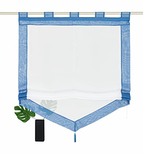 Devola Voile transparent Scheibengardinen mit zweifarbigen Design mit Quaste Fenster Gardinen Panneaux mit Tunnelzug Gardine HxB 140x100cm Blau 1er Pack von Devola