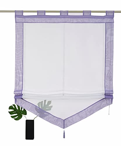 Devola Voile transparent Scheibengardinen mit zweifarbigen Design mit Quaste Fenster Gardinen Panneaux mit Tunnelzug Gardine HxB 140x80cm Violett 1er Pack von Devola