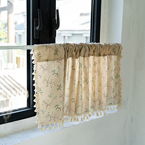 Devola Vorhang im amerikanischen Landhausstil Halbtransparente Leinenoptik Scheibengardine Romantisch Blumenmuster Bistrogardine mit Quaste Kurzer Küchenvorhang Kurzstore HxB 60x100cm Beige 1er Pack von Devola