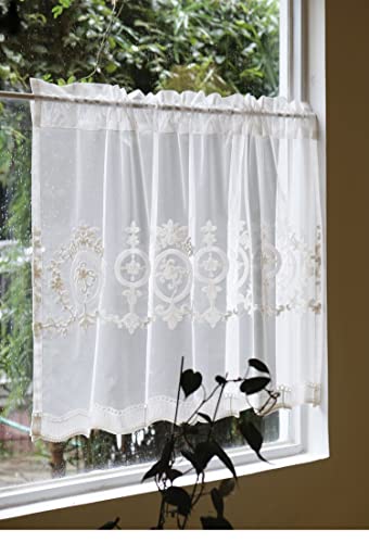 Devola scheibengardine Landhaus gardinen kurz bistrogardine transparent weiß küchengardinen modern mit Stangendurchzug fenstergardinen mit Blumenmuster Stickerei kurzstore BxH 120x70cm 1er Pack von Devola