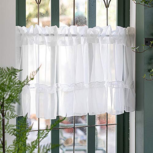 Devola scheibengardine transparent modern Bistrogardine Einfachheit Unifarbig Fensterdekoration Chiffon gardinen mit Rüsche Cafe Vorhang landhausstil kurz Küchengardine BxH 100x40cm Weiß 1er Pack von Devola