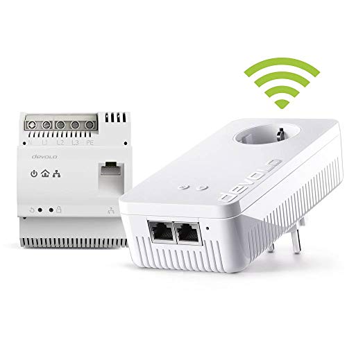 devolo Powerline Adapter, dLAN 1200+ DINrail WiFi ac Starter Kit -bis 1.200 Mbit/s, Hutschienen Adapter, WLAN Steckdose, 2x Gigabit LAN Anschluss, weiß von Devolo