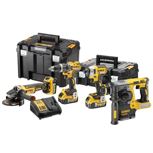 DEWALT 18 Volt Kombo-Pack (1x Schlagbohrschrauber DCD796, 1x Schlagschrauber DCF887, 1x SDS-Plus Kombihammer DCH273, 1x Winklelschleifer DCG405, 3x 18 V 5 Ah Akkus, Ladegerät, 2x Boxen), DCK422P3T-QW von DEWALT
