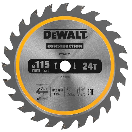 Dewalt Bau-Kreissägeblatt Construction für Akku-Handkreissäge DT20420 (115/9,5mm 24WZ, 20° Zahnwinkel, 1,5mm Schnittbreite, für den universalen Einsatz, mit Nail Tough zum Sägen von Holz mit Nägeln) von DEWALT