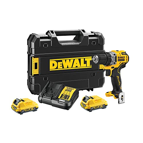 Dewalt 12 Volt Akku Bohrschrauber DCD701D2 (bürstenloser Motor, 15-Stufen Drehmomenteinstellung, 2-Gang Vollmetallgetriebe, inkl. 2x 12V 2 Ah Li-Ion Akkus, Ladegerät, Gürtelclip, T-STAK Box) von DEWALT