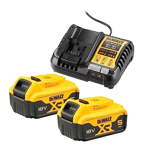 Dewalt 18 Volt / 5.0 Ah Akku Starter-Kit DCB1104P2 (bestehend aus 2x Akkus (DCB184-XJ) & 1x System-Schnellladegerät (DCB1104-QW), mit Ladzustandsanzeige, passend für alle 18 Volt XR Akku-Maschinen) von DEWALT