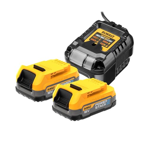 Dewalt 18 Volt Powerstack Akku-Kit DCB1102E2 (1,7 Ah, innovative Pouch-Zellen-Technologie, einsetzbar in allen 18V XR Akku-Maschinen, mit Kapazitätsanzeige über LEDs, inkl. 2 Akkus & Ladegerät) von Dewalt