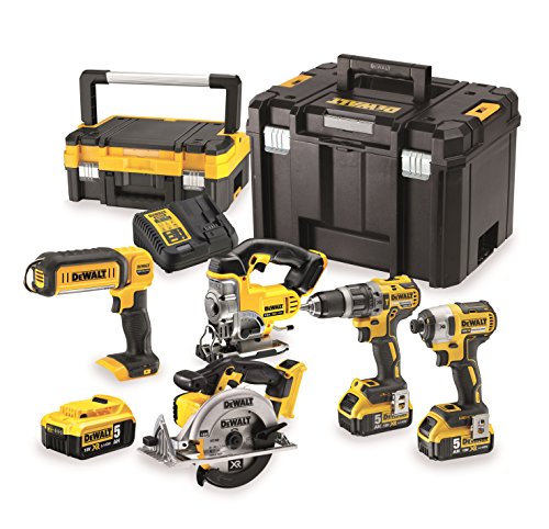 DEWALT 18 Volt Kombo-Pack DCK551P3T (mit 1x Schlagbohrschrauber DCD796, 1x Schlagschrauber DCF887, 1x Kreissäge DCS391, 1x Stichsäge DCS331, 1x Leuchte DCL050, 3x 18 V 5 Ah Akkus, Ladegerät, 2x Boxen) von DEWALT