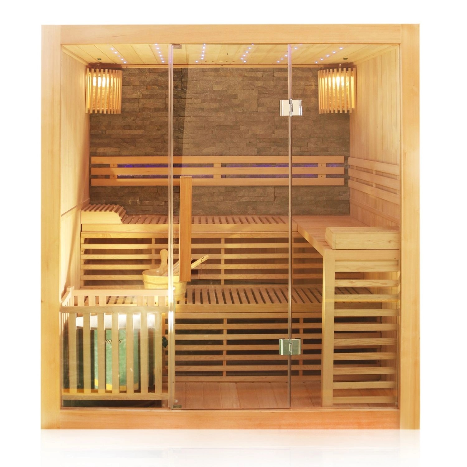 Dewello Finnische Traditionelle Sauna Sarnia Plus 180Cm X 140Cm Inkl 6 Kw Harvia Ofen Aufguss-Setsanduhrthermometer von Dewello