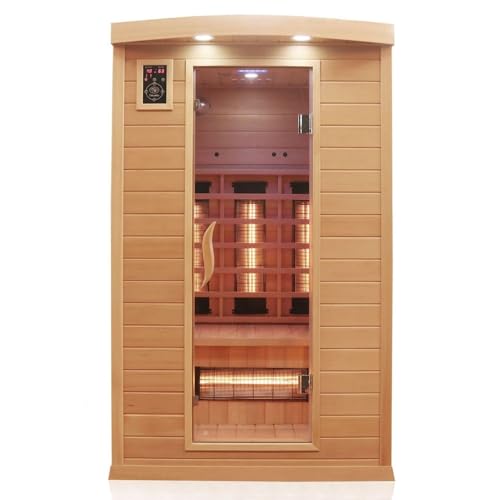 Dewello® Infrarotkabine Infrarotsauna Hyder 115x105 für 1-2 Personen aus Hemlock Holz mit Vollspektrumstrahler, LED-Farblicht, Bluetooth, FM,MP3,USB von Dewello