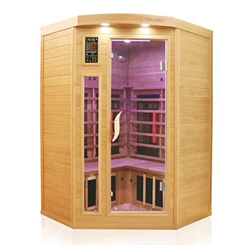 Dewello® Infrarotkabine Infrarotsauna LAKEFIELD PRO 140x140 inkl. Duo Strahler, Vollspektrumstrahler, Bodenstrahler Hemlockholz & Zedernholz, LED-Farblicht, Bluetooth, FM,MP3,USB von Dewello