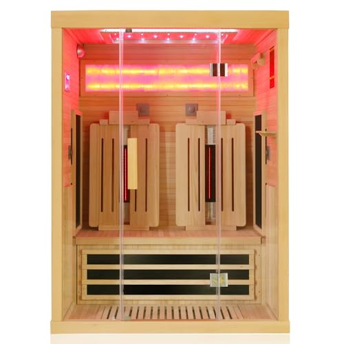 Dewello® Infrarotsauna Infrarotkabine SALTCOATS 135x105 1-2 Person Vollspektrumstrahler Bodenstrahler LED-Farblicht mit Natursalzstein, Bluetooth FM MP3 USB von Dewello