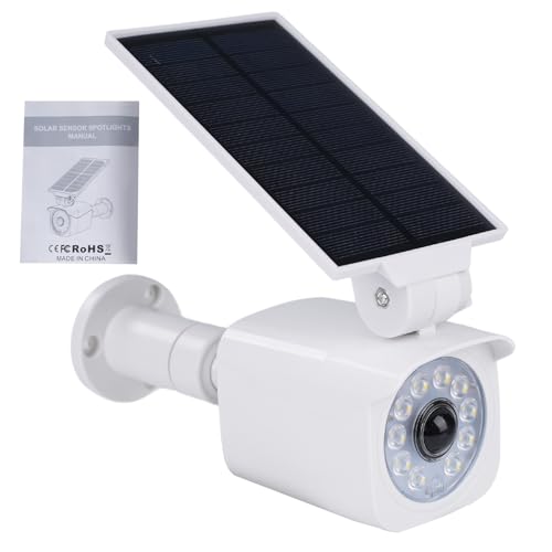 Attrappe Kamera Solarlampen für Außen mit Bewegungsmelder LED Solarleuchten mit Attrappe Außen überwachungskamera 360° drehbarer Sockel 120° drehbares Solarpanel 5V/1.5W 2200mAh IP65 Weiß. von DewinLVD