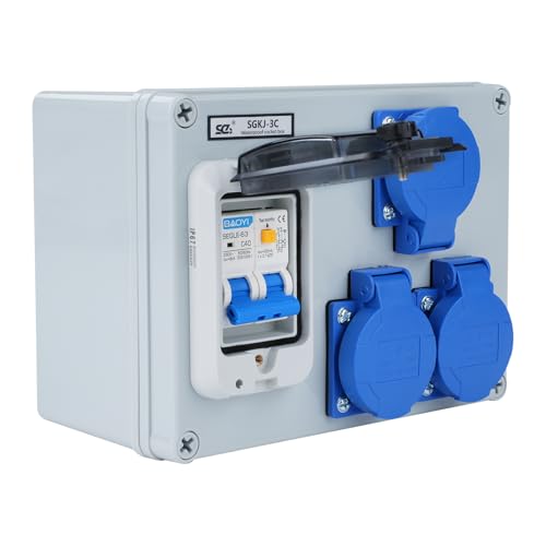 Baustromverteiler 16A Stromverteiler Starkstrom verteiler Wandverteiler mit 50A 1P+N FI Schalter Stromverteiler 16A mit 3 Steckdosen (250V 2-poliger Baustromverteiler) IP54 Wasserdicht von DewinLVD
