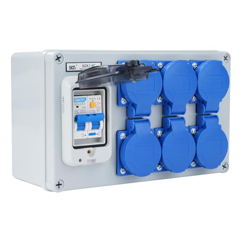 Baustromverteiler 16A Stromverteiler Starkstrom verteiler Wandverteiler mit 63A 1P+N FI Schalter Stromverteiler 16A mit 6 Steckdosen (250V 2-poliger Baustromverteiler) IP54 Wasserdicht. von DewinLVD